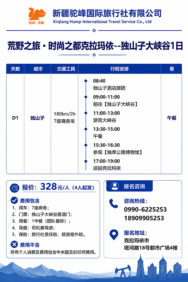 A4竖版旅游行程单海报，简约商务风格，蓝白配色，顶部放置新疆驼峰国际旅行社有限公司的橙色骆驼LOGO和公司名称。主标题为"荒野之旅·时尚之都克拉玛依--独山子大峡谷1日"。中部为行程表格，表头包含"天数""城市""交通工具""行程安排""餐"五列（删除住宿城市列），D1独山子行程内容：08:40 独山子酒店接团，09:00-11:00 前往【独山子大峡谷】，11:00-13:00 游览大峡谷，13:30-15:00 午餐，15:30-16:30 参观【独库公路博物馆】，17:00-19:00 返回克拉玛依。下方左侧为报价区："报价：328元/人（4人起发）"，费用包含：1.用车：7座商务；2.门票：独山子大峡谷首道门；3.用餐：1中餐（团队餐标）；4.导服：司机兼导游；5.保险：旅行社责任险、旅游意外险。费用不含：所有个人消费及费用包含中未提及的任何费用（删除单房差条目）。下方右侧为报名咨询区："咨询热线：0990-6225253 18909905253"，"报名地址：克拉玛依市塔河路18号都市广场4楼"。整体排版精美，信息清晰，表格整齐，留白充足，适合打印。画面中所有信息区域必须填充完整合理的内容，不得出现空白框。画面中所有数字必须精确渲染，不得错位、遗漏或编造。