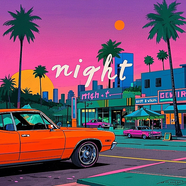 复古感与潮流感交织，city pop风搭配霓虹灯效，营造梦幻都市夜景。