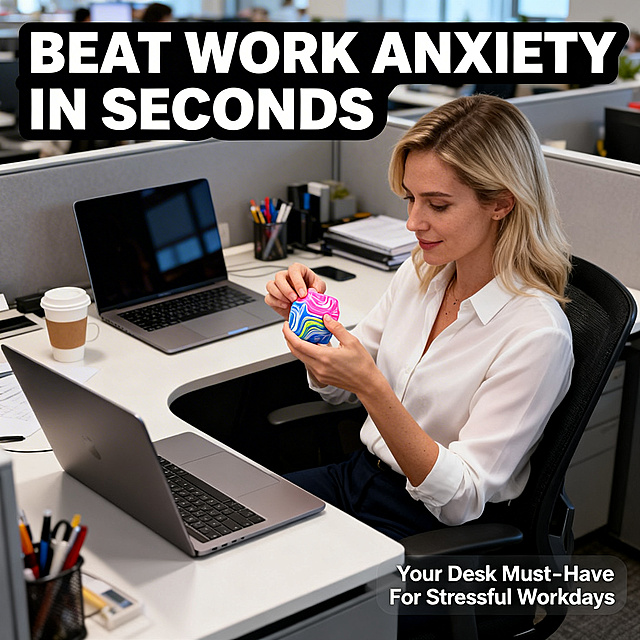 严格还原参考图中的产品细节，完整保留产品4.5cm×4.5cm×4.5cm立方体造型、144g单只重量、流体大理石纹理、软胶材质质感。整体采用欧美Ins潮流治愈系视觉风格，明亮自然的美式生活化光影，杂志级沉浸式场景排版。画面主体是美国开放式办公工位场景，25-35岁多元族裔白人女性白领，坐在工位前，手指捏着解压方块，背景是笔记本电脑、咖啡杯、办公文具，氛围轻松自然，清晰展示办公间隙解压的使用场景。画面左上角设置加粗无衬线英文主标题 "BEAT WORK ANXIETY IN SECONDS"，画面右下角设置细体无衬线英文副标题 "Your Desk Must-Have For Stressful Workdays"。字体为极简无衬线体，白色带半透明黑色底，不遮挡画面主体。整体画面场景真实，戳中核心用户痛点，高清8K，光影自然，风格统一协调。