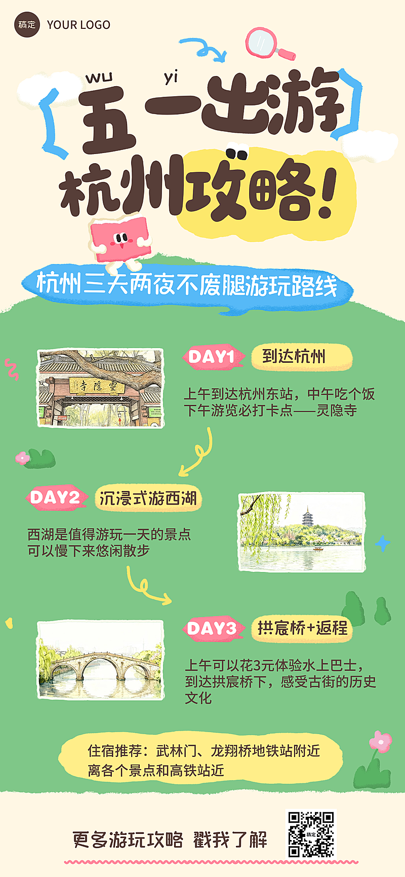 五一劳动节出游卡通手账风长图海报