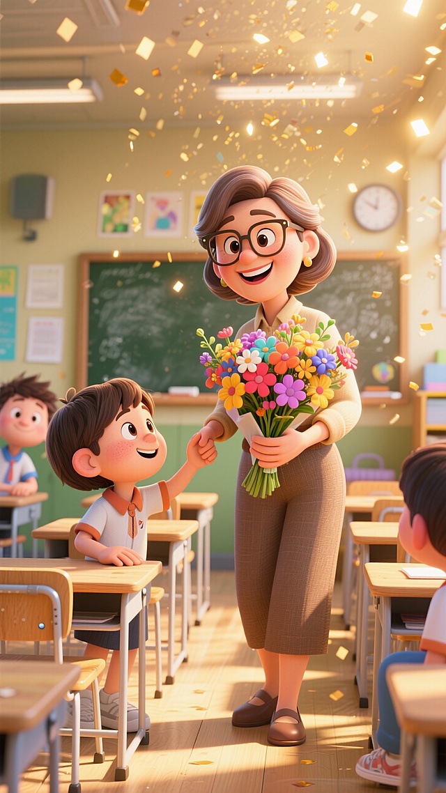 温馨3D卡通风格，学生献花给老师，拟人化表达师生情，节日庆祝氛围浓厚。