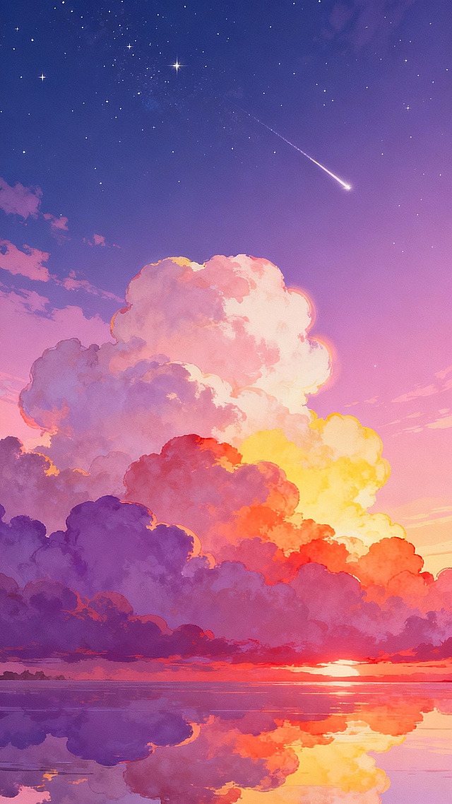 梦幻唯美的天空云彩插画，画面以渐变的粉紫色和橙黄色为主色调，云彩呈现出柔软蓬松的质感，边缘带有柔和的光晕效果。上方深蓝色的夜空中点缀着稀疏的星星和一道流星划过，下方的云彩被夕阳染成温暖的橙红色，与天空的粉紫色形成和谐的色彩过渡。整个画面营造出宁静而浪漫的氛围，云彩的层次丰富，从上方的深紫逐渐过渡到下方的橙黄，光影柔和，没有明显的硬边缘。地平线处的云彩与下方的水面倒影相连，水面平静如镜，完美倒映出天空的绚烂色彩，整体构图开阔舒展，给人以梦幻般的视觉享受。