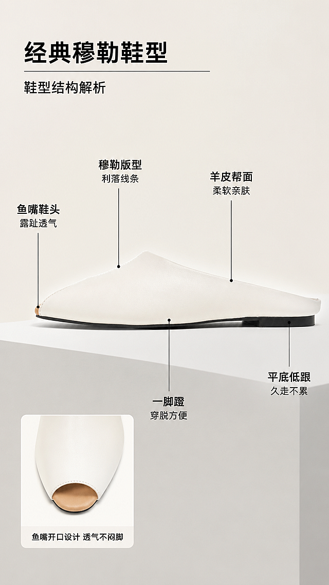 [第3屏] 鞋型结构解析页-鱼嘴穆勒半拖多角度结构标注。本屏使用【图1】作为侧面主图，【图3】作为辅助角度参考。
[标题版式] 标题字形为简洁无衬线体，左对齐排列，主标题字重偏粗，配细线下划线，工业设计解析感。
[氛围/风格] 极简产品解析风，干净专业，浅灰米白调，商业产品摄影质感。
[元素布局] 画面中央展示米白色穆勒半拖侧面全貌，占比约50%，鞋头朝左；从鞋身关键部位引出细线标注：鱼嘴鞋头、穆勒半拖版型、羊皮帮面、平底低跟、一脚蹬设计；背景为浅米色渐变+浅灰色几何台面；左下角放置一个鞋头正面小图框，展示鱼嘴开口细节；鞋身结构、比例、颜色、材质与输入产品图完全一致。
[光影质感] 左侧主光，右侧辅光，鞋身下方清晰投影，羊皮质感细腻，鞋型线条流畅。
[配色色系] 全局底色 #F5F0E8（米白暖调）；主色米白、浅灰；辅助色深灰标注线、黑色文字；点缀色浅棕。
[视角构图] 侧面平视为主，左下角叠小图框，阅读动线左上标题 → 中间鞋身标注 → 左下细节小图。
[文字版式] 左上主标题「经典穆勒鞋型」，副标题「鞋型结构解析」；5处引线标注文字：「鱼嘴鞋头 露趾透气」「穆勒版型 利落线条」「羊皮帮面 柔软亲肤」「平底低跟 久走不累」「一脚蹬 穿脱方便」；文字清晰，引线不交叉。
[比例分辨率] 9:16 竖版比例，4K分辨率，文字清晰可辨，高清画质。
[负向提示词] 鞋身变形，结构错误，颜色偏差，水印，文字错乱，引线杂乱，产品图模糊，鞋底形状错误。