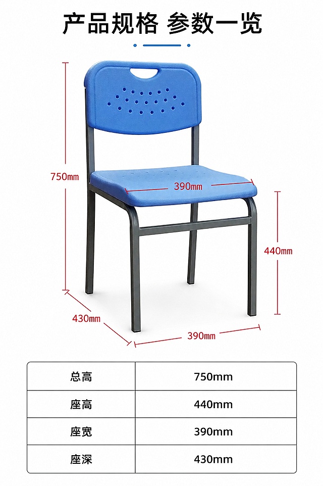 [第5屏] 产品参数信息屏-会议椅尺寸参数展示。本屏使用【图4】蓝色款尺寸标注图作为基础，生成规范参数页。
[氛围/风格] 专业严谨参数风，清晰标注尺寸，简洁易读。
[元素布局] 产品放置画面中上位置，占比约60%，保留原图尺寸引线标注，画面底部整理列出完整参数表格；产品轮廓尺寸与输入图一致，引线和标注清晰规范。
[光影质感] 均匀打光，产品清晰，标注文字锐利可读，整体干净整洁。
[配色色系] 全局底色 #FFFFFF，主色产品蓝色，红色标注线，黑色参数文字。
[视角构图] 居中产品，底部参数表，上下构图符合参数展示习惯。
[文字版式] 顶部主标题「产品规格 参数一览」，底部参数表列出总高、座高、座宽、座深尺寸；文字排版整齐，手机端清晰可读。
[比例分辨率] 9:16竖版比例，4K分辨率，文字清晰可辨，高清画质。
[负向提示词] 尺寸标注错误，产品变形，文字错乱，表格歪斜，水印，模糊