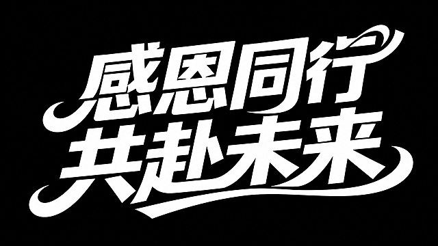 参考参考图1中粗体灵动带圆弧流线的艺术字体设计，重新设计图2的文字“感恩同行 共赴未来”，保留文字内容，使用和参考图1相同的设计风格，让文字更加灵动有设计感，保持黑底白字的对比，整体大气醒目