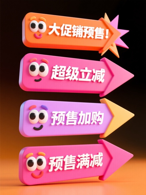 一套4个促销标签素材，排列整齐，标签搭配箭头、爆炸框等电商标签常用元素，每个标签都有眼睛，有不同的表情和颜色，根据文案思考表情情绪，文案分别是：大促预售、超级立减、预售加购、预售满减预览效果