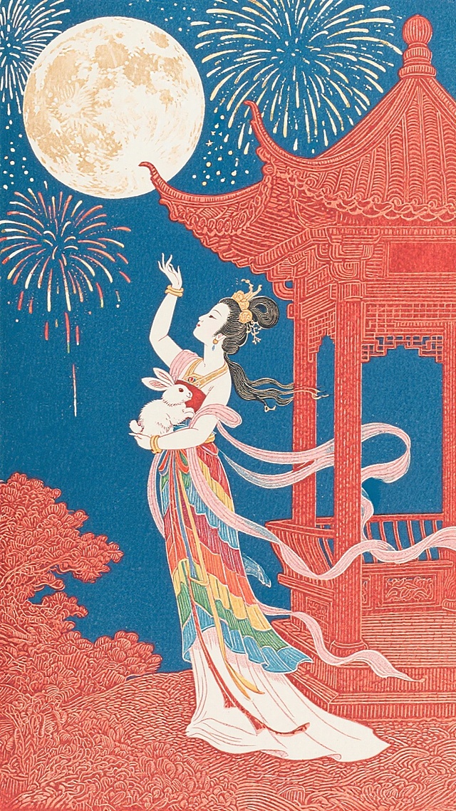 嫦娥抱着玉兔站在中式亭台楼阁下，一身彩色的长裙，仙气飘飘，与红色中式建筑交相辉映。背景为一轮大大的明月和绽放的烟花。嫦娥举头望明月，思乡之情溢于言表。整体氛围需要喜庆一些。