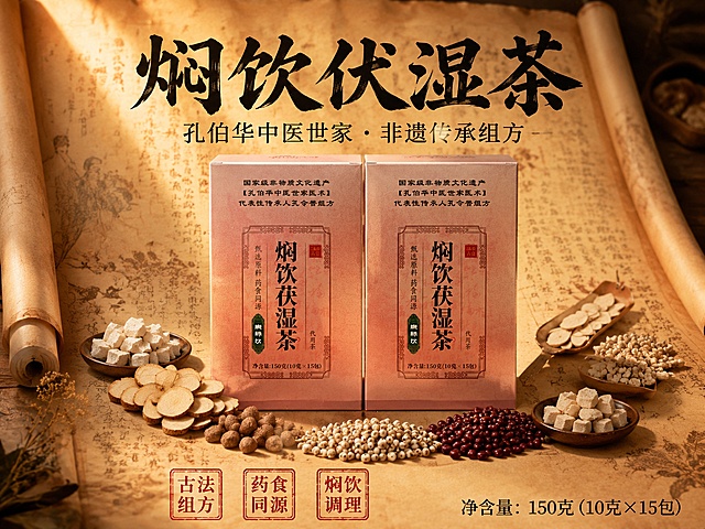 中医古风养生茶饮海报，4:3横版构图。背景为展开的古医书卷轴，泛黄宣纸质感，上面有模糊的中医药方毛笔字迹。卷轴中央放置焖饮伏湿茶产品包装盒，旁边散落茯苓块、山药片、芡实、赤小豆等中药材，排列成自然的弧形。产品100%还原上传商品图的外形、包装、LOGO、印刷文字、净含量，完整保留盒型、轮廓、结构、比例、标签版式、品牌文字、材质质感、颜色与正面朝向。傍晚暖调侧光从左上方斜射，在卷轴上形成温润的光影层次。画面顶部居中主标题"焖饮伏湿茶"，大字书法体，墨色。下方副标题"孔伯华中医世家 · 非遗传承组方"，小字宋体。底部横排三个方形印章式卖点："古法组方"、"药食同源"、"焖饮调理"。右下角标注"净含量：150克（10克×15包）"。整体色调米黄+赭石+深棕，古色古香，中医典籍感浓厚，高级素雅。写实商业摄影与古风结合，产品清晰突出。画面中所有二维码区域使用纯色方块占位符呈现，方块中央标注"二维码占位"文字，严禁生成任何可识别的二维码图案。画面中所有信息区域必须填充完整合理的内容，不得出现空白框、空白占位。画面中所有数字必须精确渲染，不得错位、遗漏或编造。版式精美，文字不遮挡产品主体。
