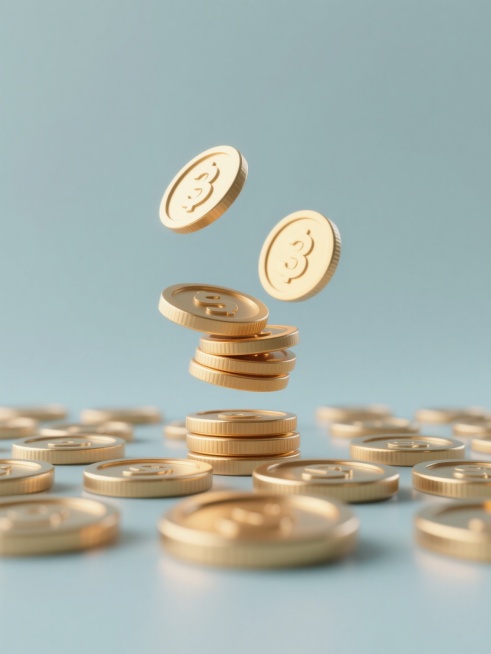 3D渲染风格，简约现代设计感，纯色背景，规整排布的单一金币元素图案，金币呈现为从上方散落堆叠的动态效果，金币具有金属质感与高光反射，边缘光滑，整体构图平衡，视觉层级清晰，信息传达高效，符合现代简约设计美学。预览效果