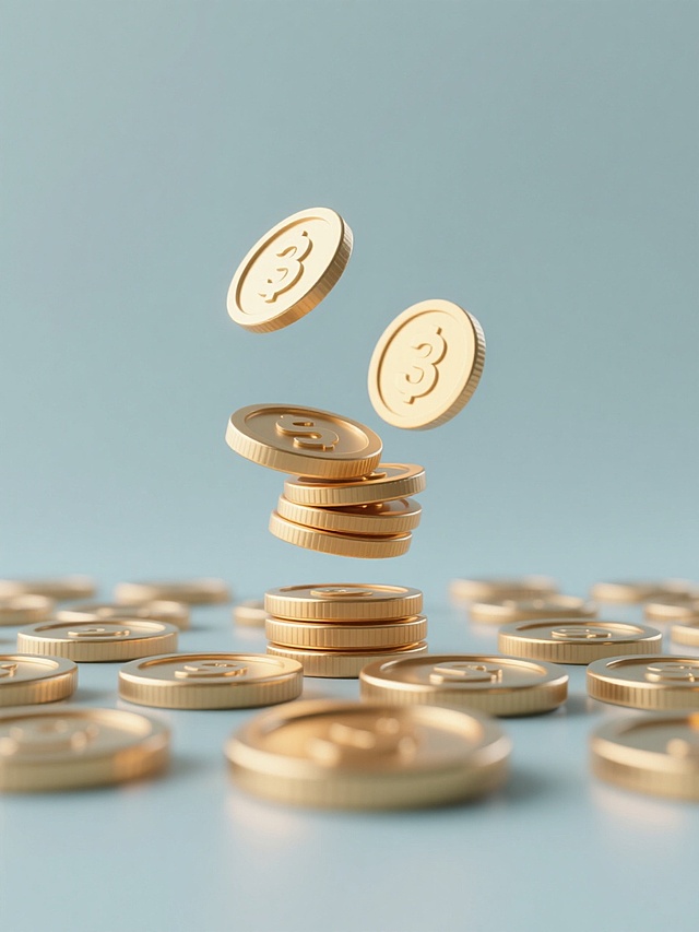 3D渲染风格，简约现代设计感，纯色背景，规整排布的单一金币元素图案，金币呈现为从上方散落堆叠的动态效果，金币具有金属质感与高光反射，边缘光滑，整体构图平衡，视觉层级清晰，信息传达高效，符合现代简约设计美学。