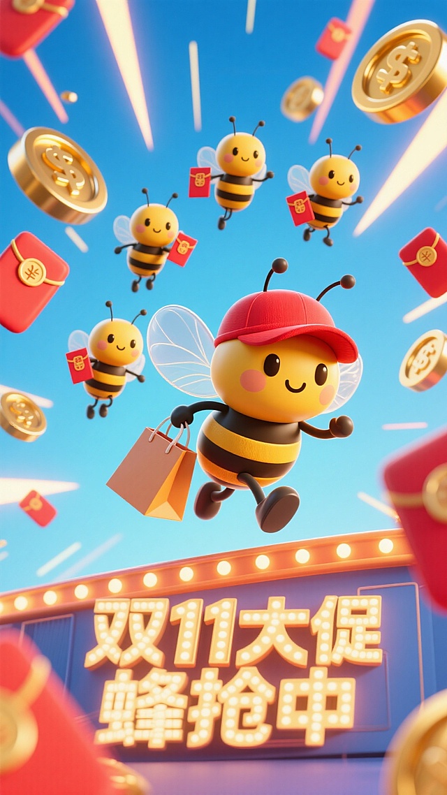 主视觉为带着红帽子的蜜蜂提着购物袋冲出画面，背后跟着3只拿着红包袋的小蜜蜂，正面视角，背景金币、红包、放射线点缀，画面下方为3D文字灯牌“双11大促 蜂抢中”