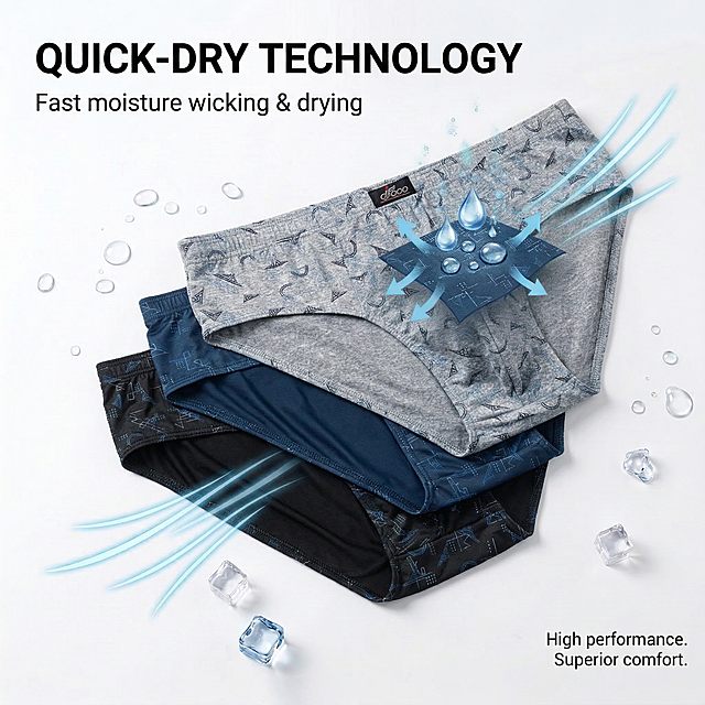 商业静物摄影，纯白背景，三条男士三角内裤按照图一的堆叠摆法从上到下依次放置：最上层是浅灰色几何印花款，中间层是藏蓝色几何印花款，最下层是黑色几何印花款，完全匹配图一的倾斜角度和堆叠顺序，保持内裤的版型、腰部标签、印花图案完全不变，保留图一的浅蓝色速干特效箭头、透明水滴、透明冰块元素，左上角显示英文“QUICK-DRY TECHNOLOGY”，下方小字“Fast moisture wicking & drying”，右下角显示英文“High performance. Superior comfort.”，光线柔和均匀，阴影自然清淡，画面干净通透，高清晰，无多余元素