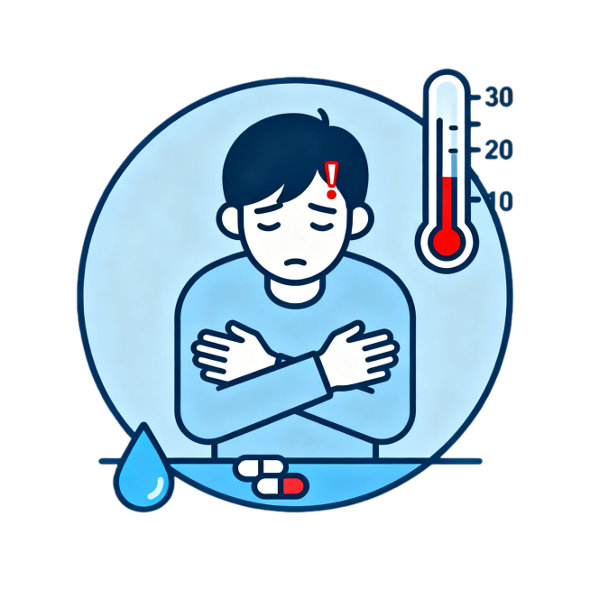 简约扁平化图标插画，主题是正在发烧或患急性病，比如严重感冒腹泻，表现发烧的状态，干净简洁的医疗图标风格，浅蓝色调预览效果