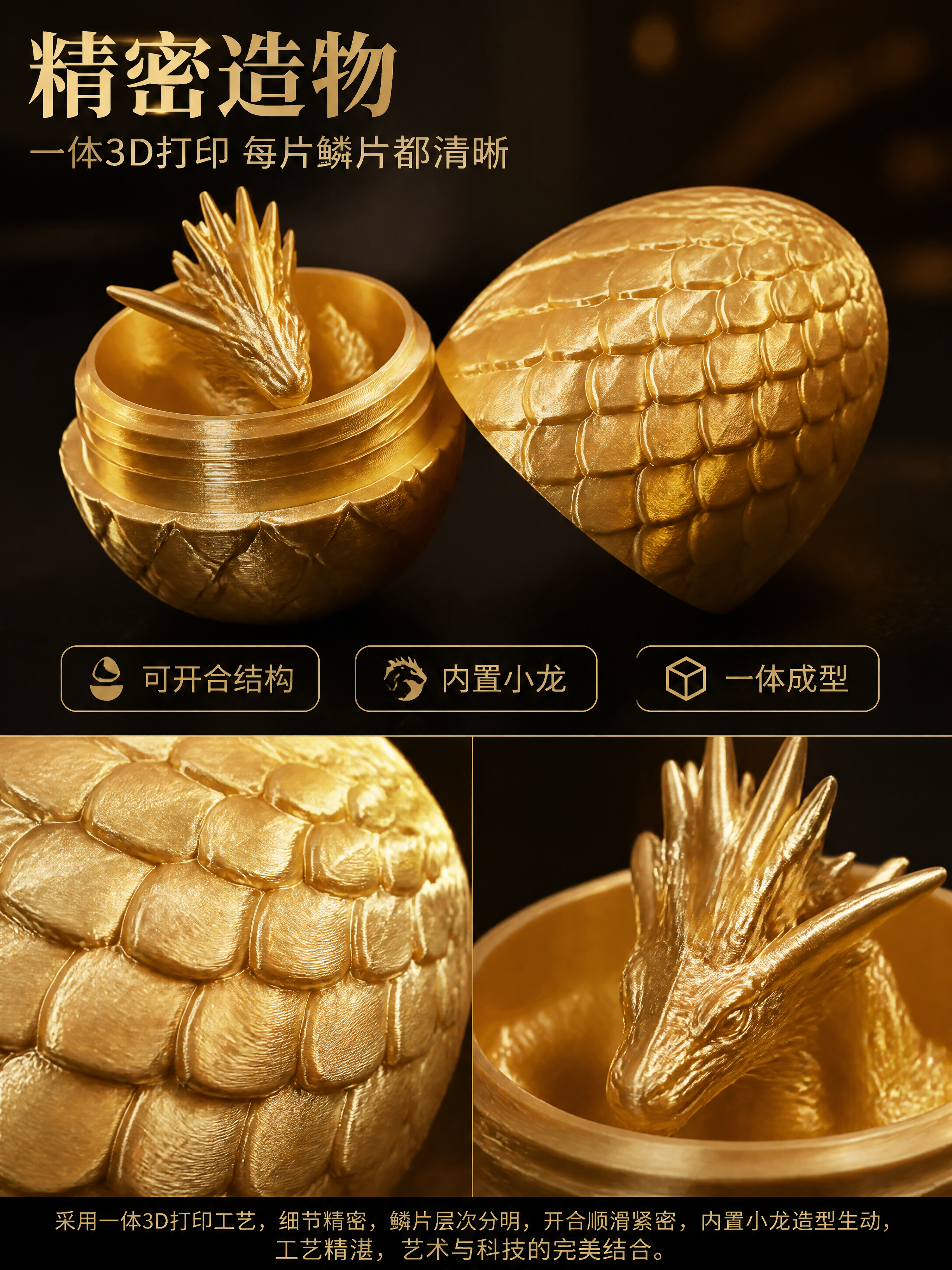 第2张 详情页细节工艺页-3D打印龙蛋开合结构与鳞片微距展示。… - 图片创意预览