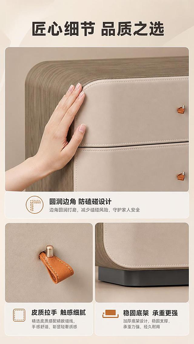 [商品] 使用【图1】现代轻奢六斗柜；保留产品整体结构与外观；重点展示圆润边角与皮质拉手细节；增强细节质感，不改变产品颜色与结构。
[画面] 目标：细节工艺展示，圆润边角+五金拉手细节。构图：三宫格布局，上1大+下2小。上半部分：斗柜左上角圆润边角微距特写，手部轻轻划过边角体现安全设计。左下：橙色皮质拉手微距特写，展示缝线与质感。右下：底部深色底架特写，展示稳固支撑结构。景别：微距+特写组合。
[视觉] 套系策略：风格=现代轻奢商业摄影；标题字=现代简约粗黑体；正文字=纤细无衬线体；主色=浅米杏+胡桃木棕；背景延展=基于浅米杏做深浅层级、同色渐变和细腻哑光质感；强调色=暖橙棕，仅用于小面积图标、引线和标签；标题色=深炭灰；正文色=中暖灰；组件=圆角浅底信息卡、细线引线、极简icon；光影=左前侧暖柔光，柔和自然阴影。
[文字] 顶部通栏标题：「匠心细节 品质之选」（8字）。每格下方对应说明文字：上图「圆润边角 防磕碰设计」，左下「皮质拉手 触感细腻」，右下「稳固底架 承重更强」。
[规格] 图片比例9:16竖版，4K分辨率，负向提示：避免变形、错字、文字过小、冷蓝背景、产品颜色改变、结构失真、极限词。