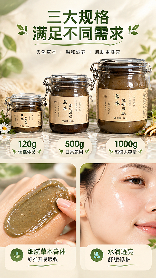 [主图-3] 多规格展示+质地肤感 植物草本面膜抖音竖版主图。
[统一基调] 自然草本通透水润风格，整体暖米白+草木绿点缀，干净非衬线字体，标题深墨绿，辅助文字深灰，强调色草木绿，卡片圆角浅米色，高级商业摄影质感。
[画面] 画面上半部分横向排列三个规格的草本面膜罐，从左到右依次为120g小罐、500g中罐、1000g大罐，大小比例真实准确，产品外观与输入图完全一致，每罐下方标注对应规格。画面下半部分左侧是手背涂抹面膜质地的特写，展示细腻草本膏体推开后的水润质感，右侧是使用后肌肤水润透亮的脸部局部特写（脸颊部位，展示肤感改善）。背景为浅米色渐变，带有水波纹和微光点缀。
[光影质感] 柔和自然光，膏体质地细腻有光泽，皮肤水润有通透感，产品罐光影自然，整体温暖明亮。
[配色] 主背景暖米白，点缀浅蓝水光色和草木绿，标题深墨绿，规格数字用强调色草木绿放大。
[文字版式] 画面顶部大标题："三大规格 满足不同需求"，三罐下方分别标注"120g 便携体验"、"500g 日常家用"、"1000g 超值大容量"。底部质地旁标注："细腻草本膏体 好推开易吸收"，肤感旁标注："水润透亮 舒缓修护"。文字清晰分层，主标题最大，规格数字醒目。
[输出要求] 9:16竖版比例，文字清晰可读，产品清晰完整不变形，无错字，无水印，无平台Logo，画面有说服力有购买欲。