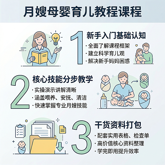 学术质感 清爽明亮的月嫂母婴育儿教程课程主图，采用三步方法论布局，大号数字123配合图标：1 新手入门基础认知 2 核心技能分步教学 3 干货资料打包，每个步骤配小图标和短句说明，线条纤细节点均匀，整体风格统一，背景浅灰色渐变满版无边框，文字对比清晰无遮挡，符合国内电商平台规范