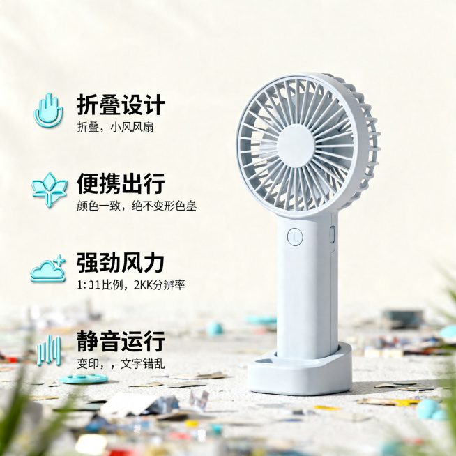 [主图 2] 折叠手持小风扇核心卖点展示。
[氛围风格] 清新夏日简约电商风；
[画质] 商业摄影质感、光线柔和通透、产品清晰真实、画面干净高级。
[元素] 折叠小风扇产品居中放置，左侧垂直排列四个核预览效果