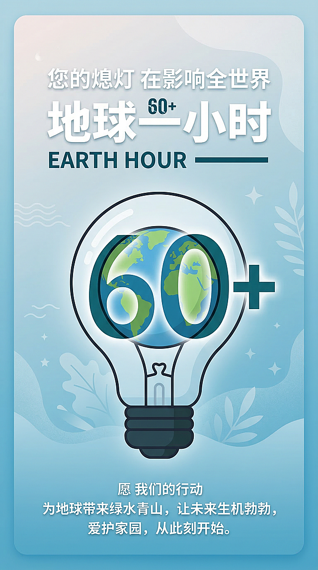 浅湖蓝渐变背景的地球一小时竖版公益海报，简约扁平风，居中构图。透明灯泡内是扁平化地球模型，叠加半透明 "60+" 数字。文字部分：顶部白色字 "您的熄灯 在影响全世界" 与粗体字 "地球一小时"，底部白色祈福文字。