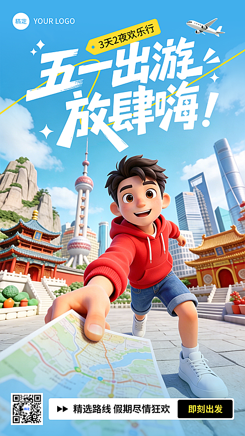 五一旅游攻略劳动节旅行社徒步卡通感软3D城市趣味竖版海报
