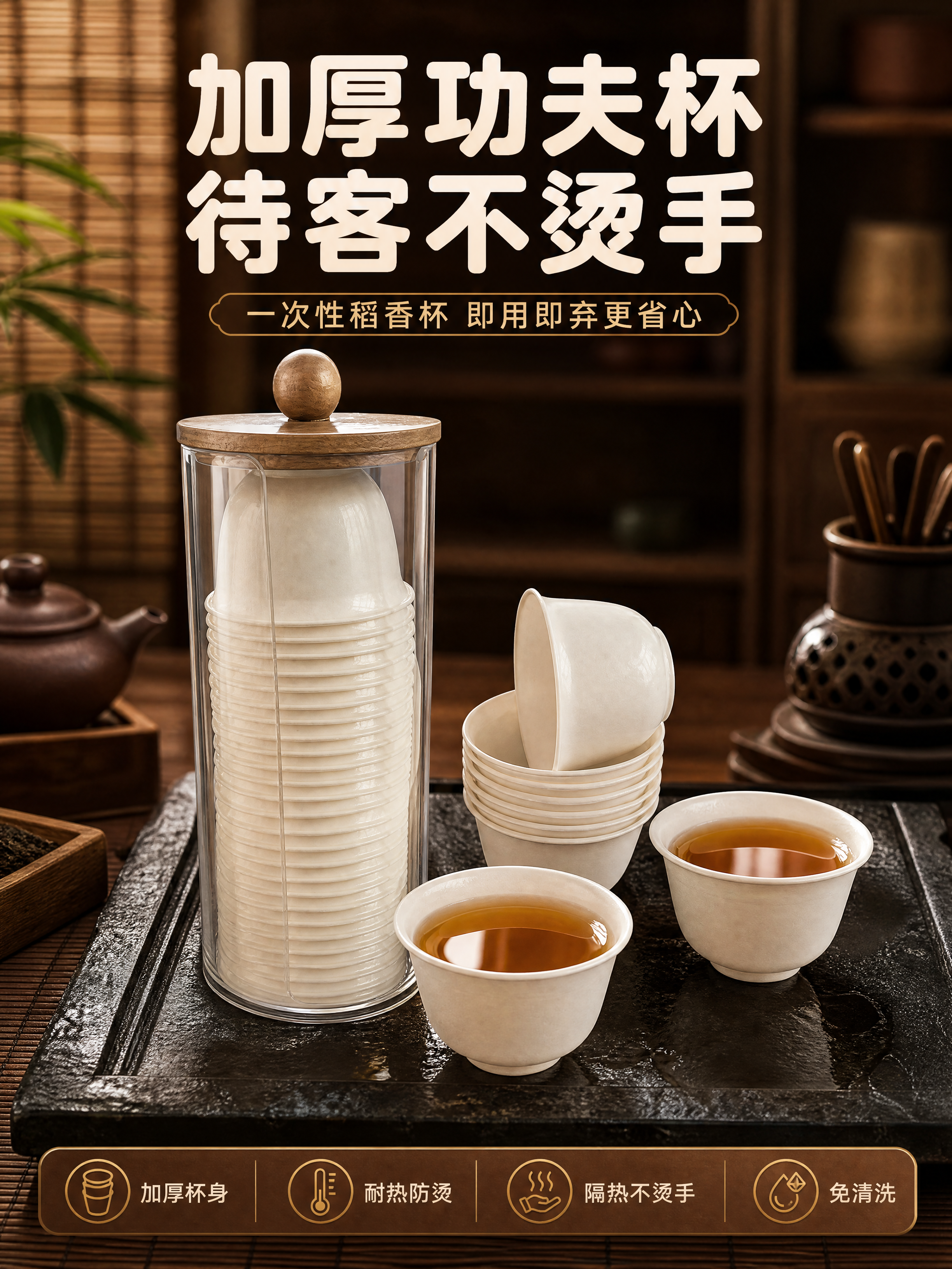 [商品] 使用【图1】白色一次性稻壳功夫茶杯实物与透明亚克力收… - 图片创意预览