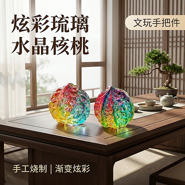 [垫图] https://gdesign-dam-hz.dancf.com/35966744735361182/c84060bfaa514d8cbc436d08536ae5c2.jpg，主图主题：彩色水晶核桃把玩摆件首图，氛围风格：轻奢高端质感，自然实景风格，画面元素：一对彩色渐变水晶核桃摆件居中放置在禅意茶台上，背景为简洁雅致的中式茶室，柔和自然光影透过玻璃窗洒在产品上，突出水晶通透炫彩的质感，主体占比60%，背景铺满全屏无边框，配色色系：主色调：产品本身炫彩红黄绿蓝渐变，辅助色：深木色茶台，浅灰色禅意背景，视角构图：平视45度俯视，景深适中，文字版式：左上角主标题“炫彩琉璃 水晶核桃”，右上角浅底深字标签“文玩手把件”，左下角卖点“手工烧制 | 渐变炫彩”，字体为中式无衬线体，颜色为深棕色，文字悬浮于背景留白处，不遮挡产品主体，整体构图平衡高级，分辨率：2k