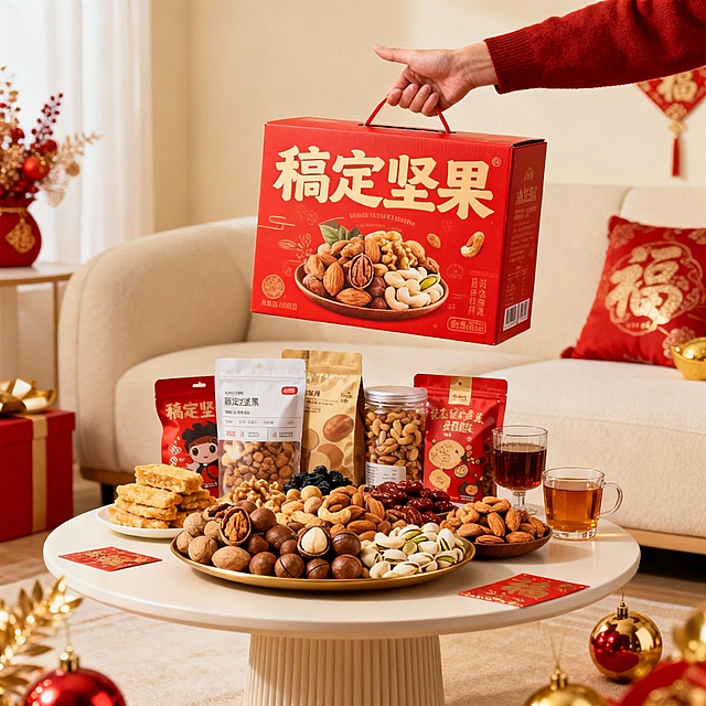 电商主题海报，纯画面图，不需要添加文字；核心元素：年货组合（坚果礼盒、零食包装、饮品，商品名称稿定坚果）、背景，春节氛围下的奶油风客厅内茶几上摆放着年货组合；背景奶油风室内客厅。构图：年货组合居画面中下部作视觉焦点，前面坚果摆盘丰富，紧凑，茶几上作新春装饰环绕烘托氛围，视觉热闹且突出产品。感饱满（年货包装细节、装饰元素光泽、背景氛围），传递热闹年味。产品之间的距离紧凑一些；画面背景简约，颜色色系统一；画面色彩：正红 + 鎏金 + 坚果暖棕为主，色调浓郁喜庆。拍摄角度：低角度，以坚果礼盒为视觉中心。背景虚化。在右上角增加手的部位，正在拿走礼盒的姿势。