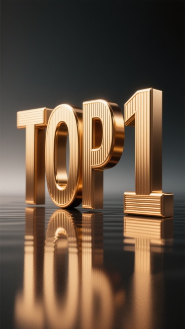 3D渲染的金色「TOP 1」艺术字，金属质感的立体文字，表面带有细密的竖条纹纹理，字母「O」为空心设计，整体呈现出高级的铜金色光泽，文字下方有清晰的倒影效果，放置在光滑的深色渐变背景上，光线从左上方照射，在文字右侧形成自然的阴影，营造出奢华、专业且具有冲击力的视觉效果。预览效果