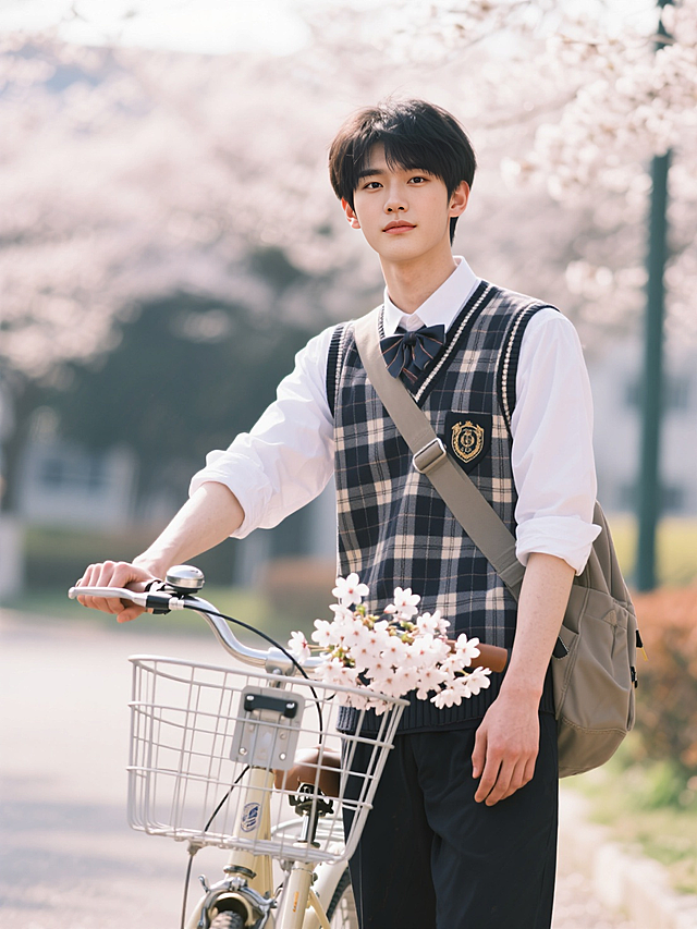 穿格子校服的帅哥，单车筐里的樱花，太甜啦！