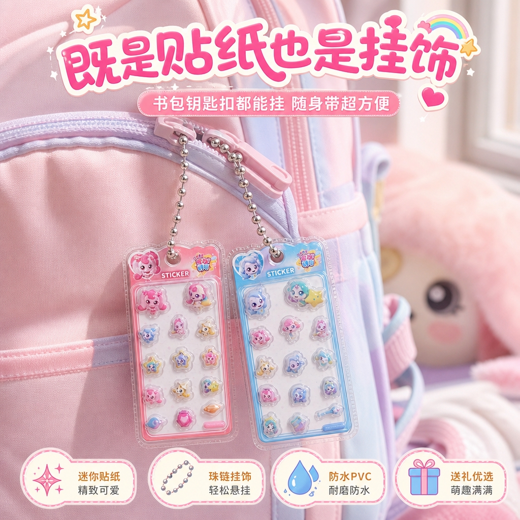严格还原参考图中的奇妙萌可迷你小贴纸卡造型、珠链挂饰结构、萌可… - 图片创意预览