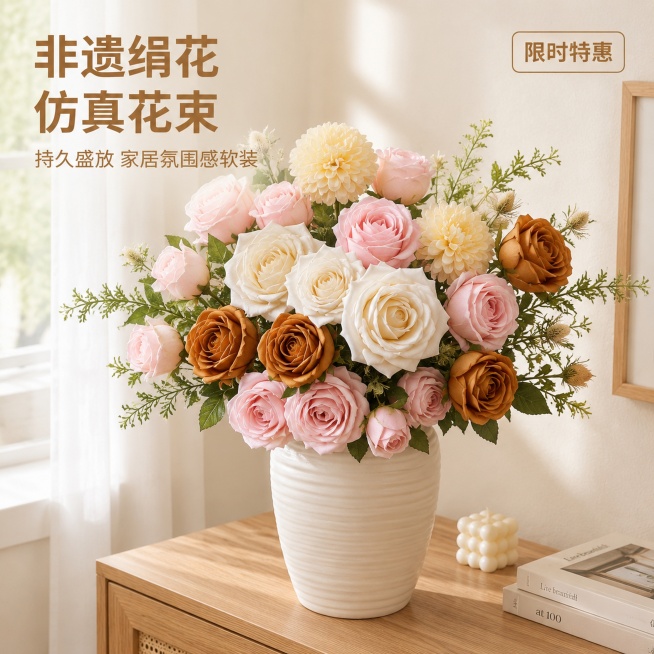 「图片1」「图片1」「图片1」「图片1」「图片1」「图片1」这是我们的产品图，你可以参考，生成一套5张1:1正方形淘宝仿真花主图，统一温馨简约家居风，柔和窗边自然光，完整还原图里奶白、浅粉、焦糖玫瑰与预览效果