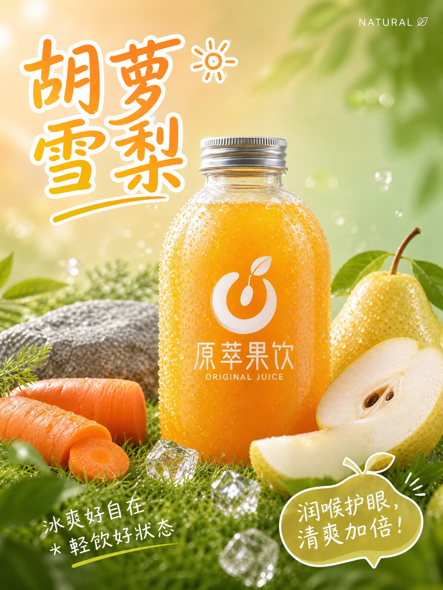 参考图的版式骨架和氛围风格，生成胡萝卜雪梨汁鲜榨果汁广告海报。… - 图片创意预览