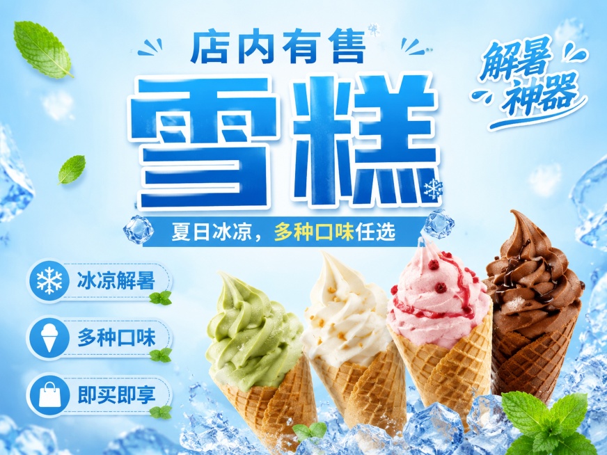 写实商业摄影风格的店内雪糕售卖宣传海报，清爽夏日风，整体色调冰蓝预览效果