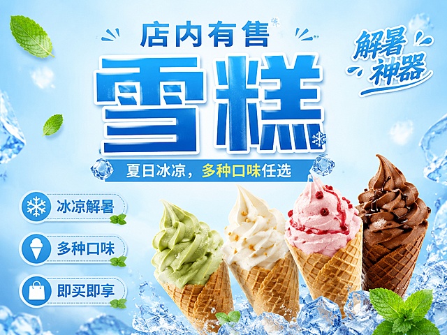 写实商业摄影风格的店内雪糕售卖宣传海报，清爽夏日风，整体色调冰蓝浅白，营造冰凉解暑氛围。画面主标题"店内有售 雪糕"居中放大，副标题"夏日冰凉，多种口味任选"在下方，角落装饰文案"解暑神器"，三个卖点标签"冰凉解暑"、"多种口味"、"即买即享"分区放置在画面负空间。背景为清新浅蓝渐变，点缀几片薄荷叶和碎冰元素，摆放几个不同颜色的雪糕甜筒做视觉展示，整体版式精美分区清晰，文字清晰可读，四边留足安全边距。核心目标是清晰告知顾客店内提供雪糕售卖服务。