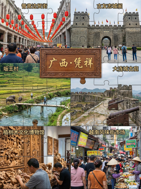 你的任务
帮我制作5份由地区特色景象结合出来的风景宣传照片，并在图片中心用文字标上主要地点（只要一个），宣传照片由当地景色的2张或者4张或者6张或者9张照片结合而成
#备注
要求图片写实，使用香蕉2.预览效果