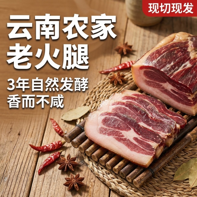 拼多多云南农家火腿主图首图，左文右图布局，农家风格，云南特色，暖色调，自然暖光，色泽油亮有食欲。左侧文案：主标题「云南农家老火腿」，副标题「3年自然发酵 香而不咸」，右上角红色标签「现切现发」，文字为预览效果