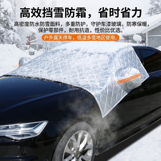 图片这款产品是汽车挡雪车罩，我在拼多多卖这款产品，请以我提供的产品图片为主图主体设计20张相关的电商主图。
1.主图文案要求：高效挡雪防霜，省时省力：采用高密度防水防雪面料，多重防护，守护车漆玻璃，防预览效果