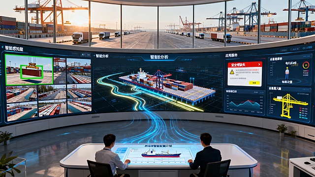画面聚焦于现代化集装箱港口的智能运营指挥中心。巨大的弧形玻璃幕墙外，是沐浴在晨光中的繁忙码头，龙门吊正在自动作业，无人集卡有序穿行，展现了高效运转的宏观景象。

室内核心是一面巨大的弧形全景监控屏幕，它清晰地分为四个功能区域，直观对应平台的架构：智能感知层由数十个实时视频流组成，覆盖码头、堆场、闸口，其中一个画面正用绿色框精准跟踪一个集装箱的吊运过程；智能分析层的体现是屏幕中央的三维数字孪生港口模型，数条高亮的优化路径在模型中动态闪烁，指导着设备调度；应用服务层则通过侧方的多个信息面板呈现，一块面板正弹出红色“安全帽缺失”的违规警报并定位人员，另一块显示设备健康看板，一台岸桥的“电机振动值”呈现预警黄色；而空中隐约流动的细微蓝色光带，象征着底层高速稳定的数据传输网络。

两位调度员正专注于交互台，台面投影显示着即将靠泊船舶的智能配载计划图。整个场景光线明亮、视野通透，氛围冷静而高效。科技感精炼地体现于多维度、高度集成的数据可视化界面，以及虚实联动的操作体验中，突出AI平台作为港口“智慧大脑”，如何将全域感知、深度分析与业务决策无缝融合，驱动整个实体港口迈向智能化、安全化的新阶段。比例16:9