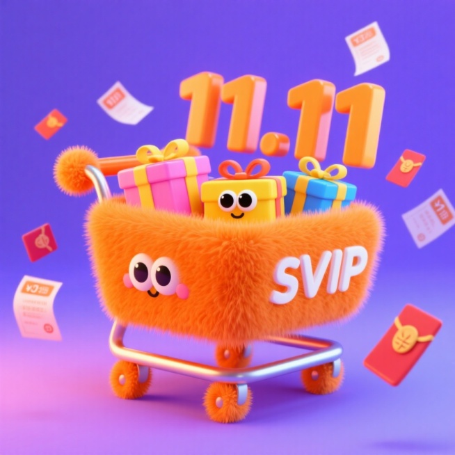 亮橙色 “SVIP” 购物车，内装粉色、黄色、蓝色礼盒（带可爱大眼元素）、“11.11” 的立体字，周围点缀红包、优惠券，背景为蓝紫色预览效果