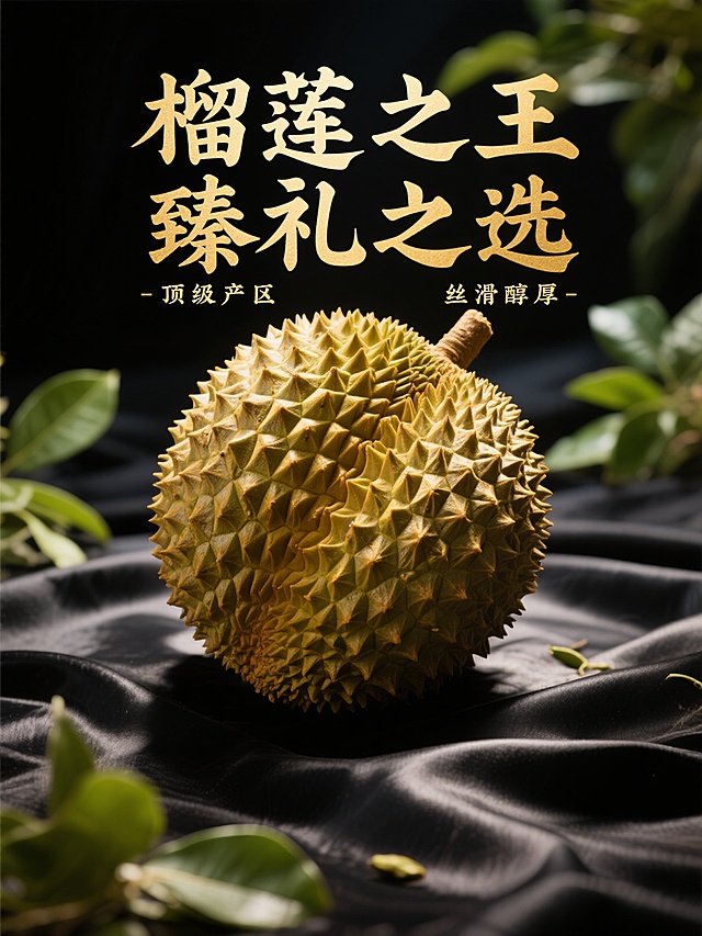 选题方向：强调尊贵礼品

提示词：
“生成一个产品海报，产品是猫山王榴莲，主标题是‘榴莲之王，臻礼之选’，卖点是顶级产区和丝滑醇厚的品质，采用高端电商摄影风格，产品放置在黑色丝绸背景上，灯光聚焦，整体呈现奢华尊贵的感觉，搭配金色中文标题，强调礼品属性。”