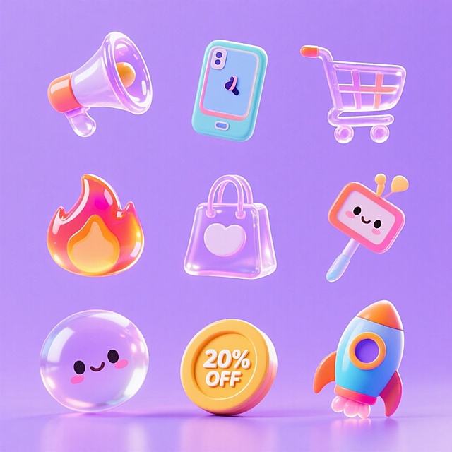 9个Q版图标（元素独立区域）：喇叭，闹钟，手机，购物推车，火焰，购物袋，金币，标记“20% OFF”的牌子，火箭，撞色，淡紫色背景