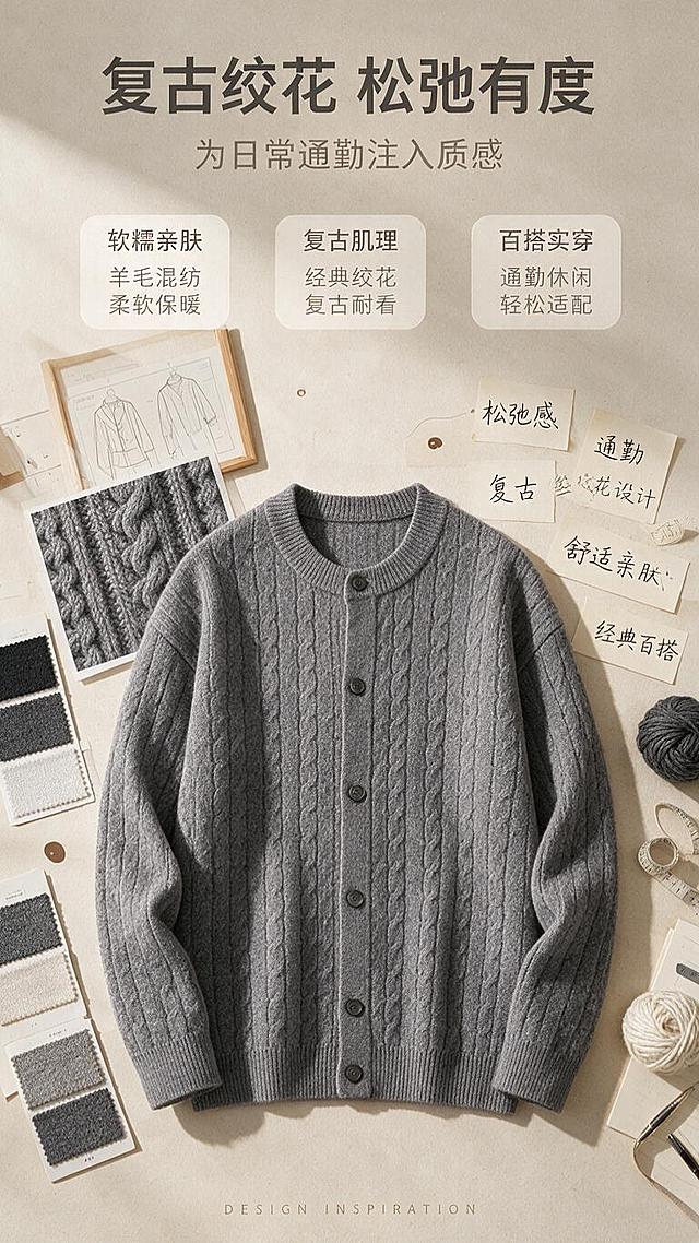 [商品] 使用【图1】男士灰色圆领绞花针织开衫；商品处理：保留圆领、单排深色纽扣、竖条绞花针织纹理、落肩长袖、罗纹袖口下摆、灰色羊毛混纺质感、版型结构和颜色；自然去除衣身杂乱褶皱，理顺垂坠，增强针织纹理、缝线和纽扣质感，不改变版型和结构。
[画面] 目标：设计理念页，表达松弛通勤风格与复古绞花设计灵感。构图：左中右三段式，左侧面料色卡+绞花纹理特写，中间开衫正面平铺展示，右侧手写风格关键词卡片。产品占画面约50%。背景：浅米色纸张质感桌面，散落毛线团、色卡、笔记本等设计道具，俯拍视角，营造设计师工作台氛围。
[视觉] 套系策略：风格=轻熟通勤高级商业摄影；标题字=现代无衬线粗体中文；正文字=简洁无衬线体；主色=高级灰；背景延展=基于暖灰做深浅层级、同色渐变和细腻墙面/纸张质感；强调色=深棕灰，仅用于小面积图标、引线和标签；标题色=深炭灰；正文色=中暖灰；组件=圆角浅底信息卡、细线引线；光影=左前侧暖柔光，柔和阴影。
[文字] 顶部居中主标题「复古绞花 松弛有度」，副标题「为日常通勤注入质感」。下方三个关键词卡片横向排列：「软糯亲肤」「复古肌理」「百搭实穿」，每个关键词配一行小字说明。底部小号英文装饰「DESIGN INSPIRATION」。文字横向排版。
[规格] 图片比例9:16竖版，分辨率1K，避免变形、错字、文字过小、冷蓝背景、衣服颜色改变、版型失真、极限词。