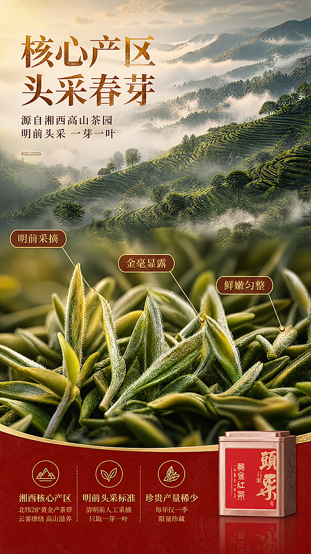 [商品] 使用【图1】中的金属茶罐作为产品辅助露出；保留茶罐红底金字、"头采"书法字、"黄金红茶"字样的外观，茶罐仅作右下角小比例辅助展示，占画面约15%。
[画面] 目标：产地与原料专张，强调湘西核心产区与头春茶芽的珍贵价值。构图：上半部分为湘西高山茶园云雾缭绕的大场景（占画面约50%），中部为头采茶芽微距特写铺满（占画面约35%），右下角露出茶罐。阅读动线：顶部产地标题→中部茶芽特写→底部卖点文案。前中后景：远景茶山云雾、中景茶芽颗粒、近景茶罐点缀。原料元素尺度：茶芽微距特写单元素占画面≥30%，产地场景主视觉合计≥50%。
[视觉] 套系策略：风格=东方新中式高端商业摄影；标题字=书法宋体/衬线粗体，带烫金质感；正文字=简洁宋体；主色=中国红+深木棕；背景延展=基于红金做深浅层级、同色渐变和细腻宣纸/木纹质感；强调色=烫金色，仅用于小面积图标、引线和标签；标题色=烫金色；正文色=深棕红；组件=圆角红底金纹信息卡、细线金色引线；光影=自然暖光，茶山有晨雾柔光，茶芽有清晰金毫质感。
[文字] 左上主标题「核心产区 头采春芽」，副标题「源自湘西高山茶园 明前头采 一芽一叶」；中部茶芽区域配3个金色引线标签：「明前采摘」「金毫显露」「鲜嫩匀整」；底部横向排列产地说明文案。文字均为横排，不遮挡茶芽主体细节。
[规格] 图片比例9:16竖版，4K分辨率，medium质量；避免变形、错字、文字过小、冷蓝/蓝灰主色调、茶罐颜色改变、虚假功效承诺。