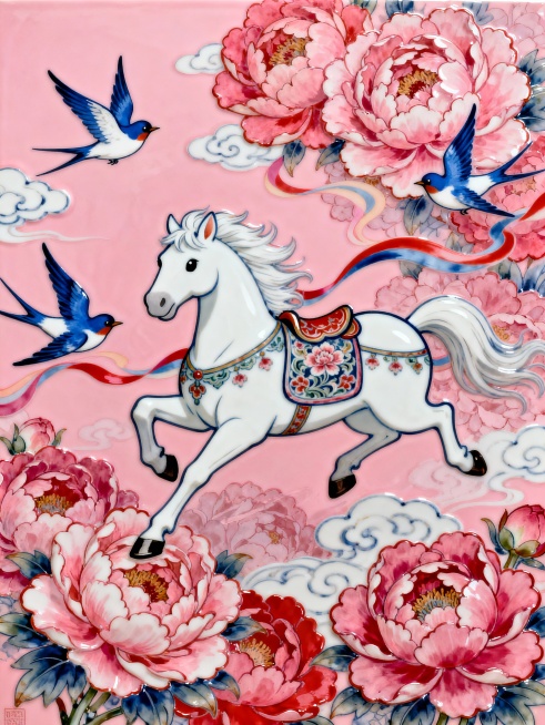Q版卡通风格。主体是一匹造型优雅的纯白骏马（宝相花纹的马鞍，腾空飞跃，毛发飘逸），几只蓝白相间的燕子围绕着马匹飞舞。穿插流线型彩带（带有动感），背景由多层绚丽的大面积盛开的粉色牡丹花构成，点缀祥云，粉预览效果