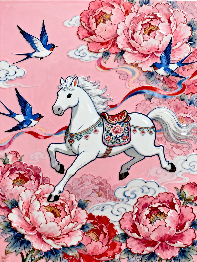 Q版卡通风格。主体是一匹造型优雅的纯白骏马（宝相花纹的马鞍，腾空飞跃，毛发飘逸），几只蓝白相间的燕子围绕着马匹飞舞。穿插流线型彩带（带有动感），背景由多层绚丽的大面积盛开的粉色牡丹花构成，点缀祥云，粉色背景。整体色调以粉红与洋红为主