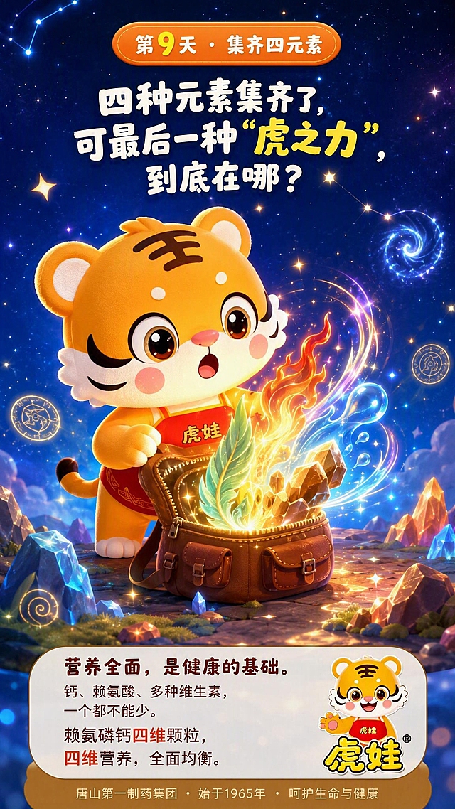 朋友圈每日一签海报，9:16竖版。以参考图中的虎娃IP形象（橙色小老虎，红色肚兜写有虎娃二字，额头王字，圆润可爱3D风格）为主角，虎娃打开他的小背包，背包里风、火、水、土四种元素的光芒交织闪烁——风是青绿色羽毛状、火是橙红色火焰状、水是蓝色水滴状、土是棕黄色晶石状，四种光芒汇聚成绚丽光晕。虎娃惊讶又兴奋地看着。背景是神秘星空。顶部圆角日签标签：'第9天 · 集齐四元素'。中部旁白：'四种元素集齐了，可最后一种"虎之力"，到底在哪？' 底部产品文案：'营养全面，是健康的基础。钙、赖氨酸、多种维生素，一个都不能少。赖氨磷钙四维颗粒，四维营养，全面均衡。' 右下角虎娃品牌logo。最底部企业落款：'唐山第一制药集团 · 始于1965年 · 呵护生命与健康'。儿童绘本风格，梦幻多彩，神奇氛围。