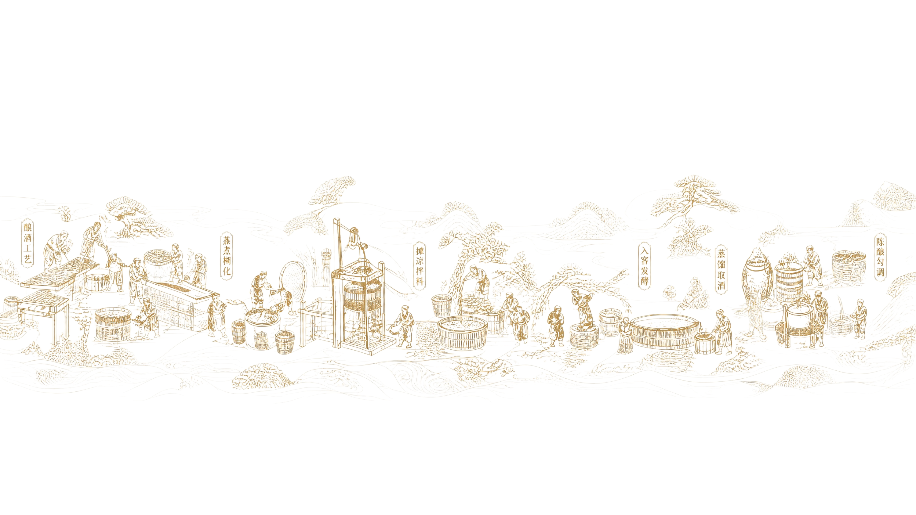 仅保留画面中的金色极细工笔古代酿酒长卷线条和文字，去除所有暗红… - 图片创意预览