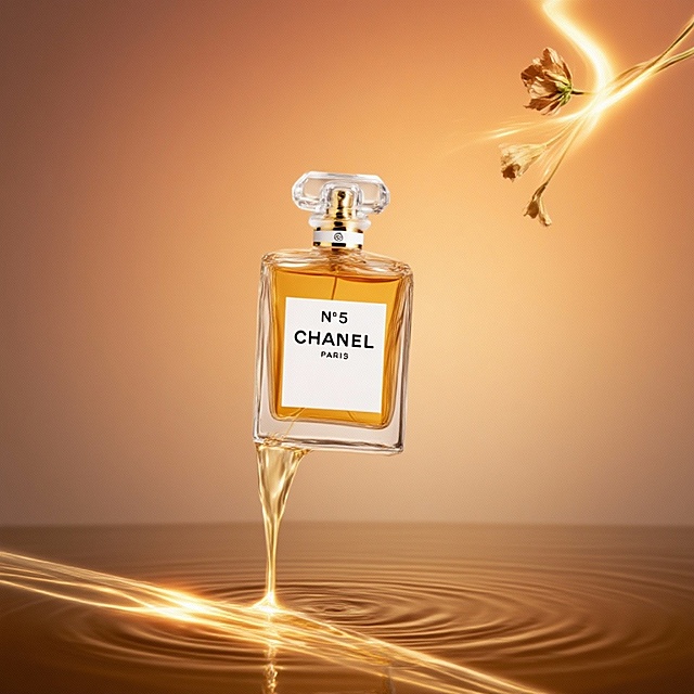 鎏金风与液态风交织，香奈儿5号香水倾泻而下，光影流动中尽显奢华优雅，3D质感强化梦幻氛围，重拟物设计赋予极致时尚感。