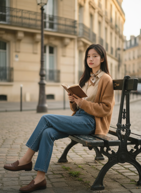 图片中的女生在巴黎街头的长椅上，衣服换成法式穿搭预览效果