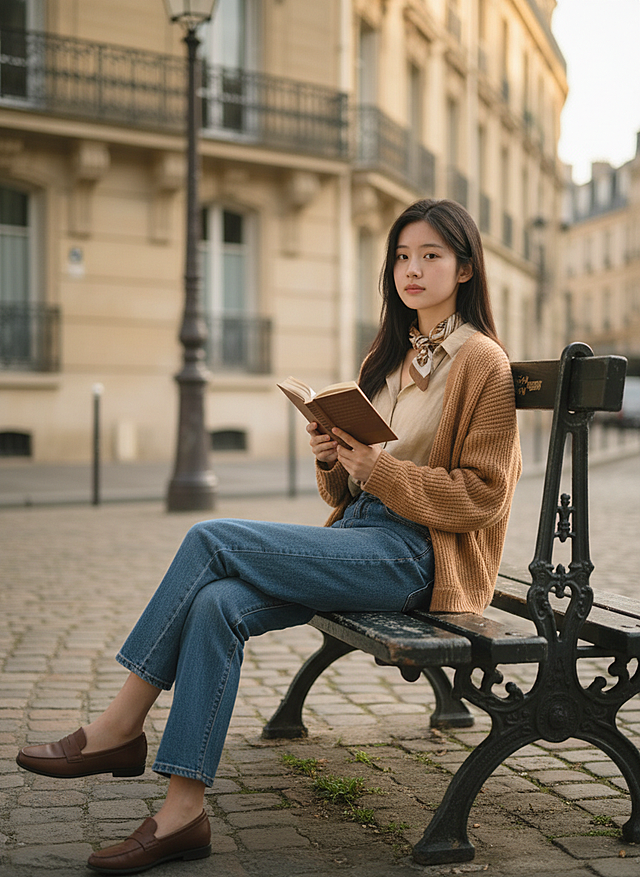 图片中的女生在巴黎街头的长椅上，衣服换成法式穿搭